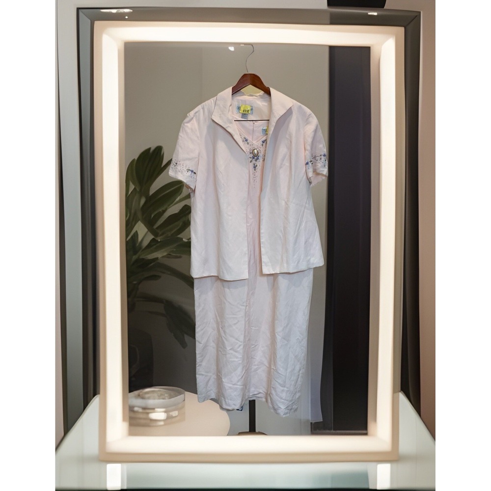 Jessica Howard 2-Piece Linen Blend Dress/Jacket Pale Pink Sz. 14 Vtg Embellished